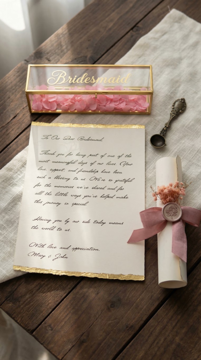 Opened glass box with a frayed silk ribbon and a Maid of Honor proposal card